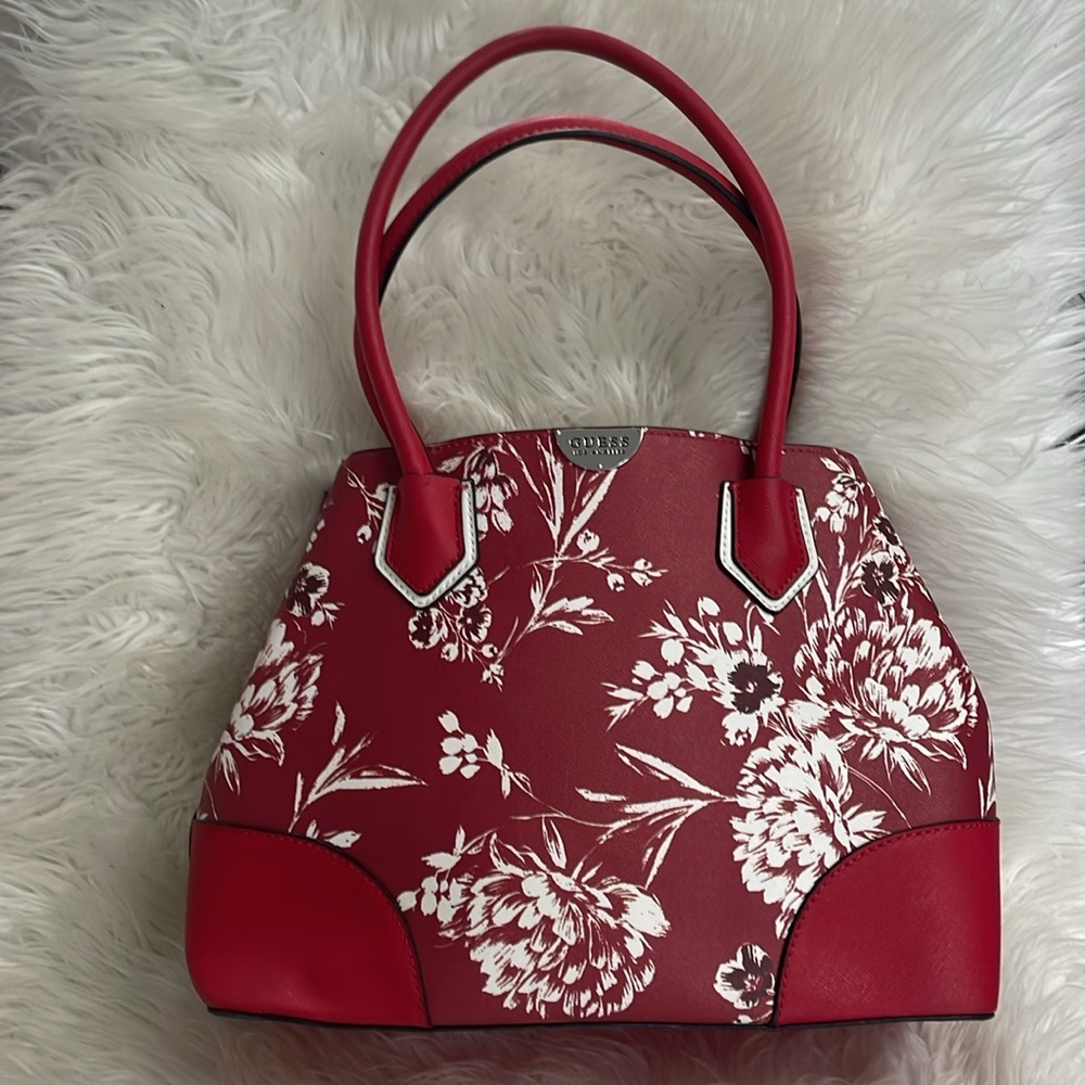 Guess Los Angeles Red and White Floral VALENTINE collection tote hand bag